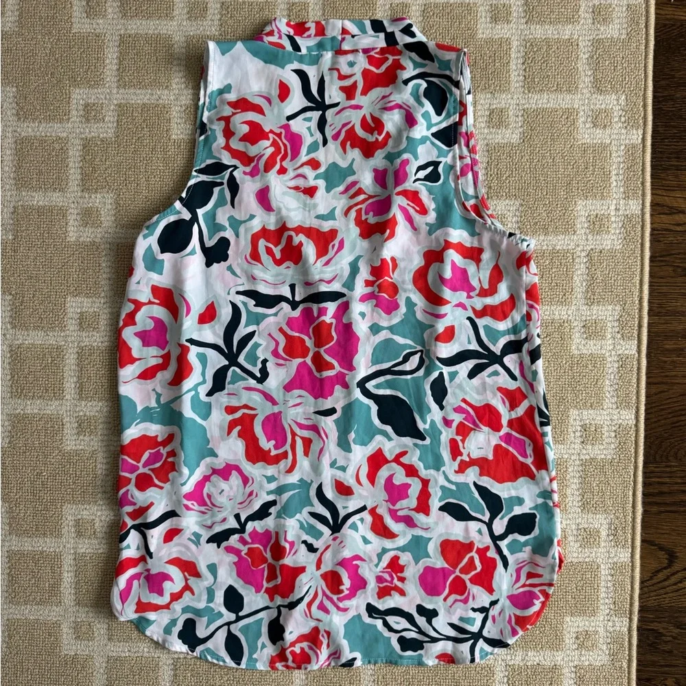 Vince Camuto Floral Sleeveless Blouse Teal Pink Red V-Neck Flowy Resort Top S - Picture 3 of 7